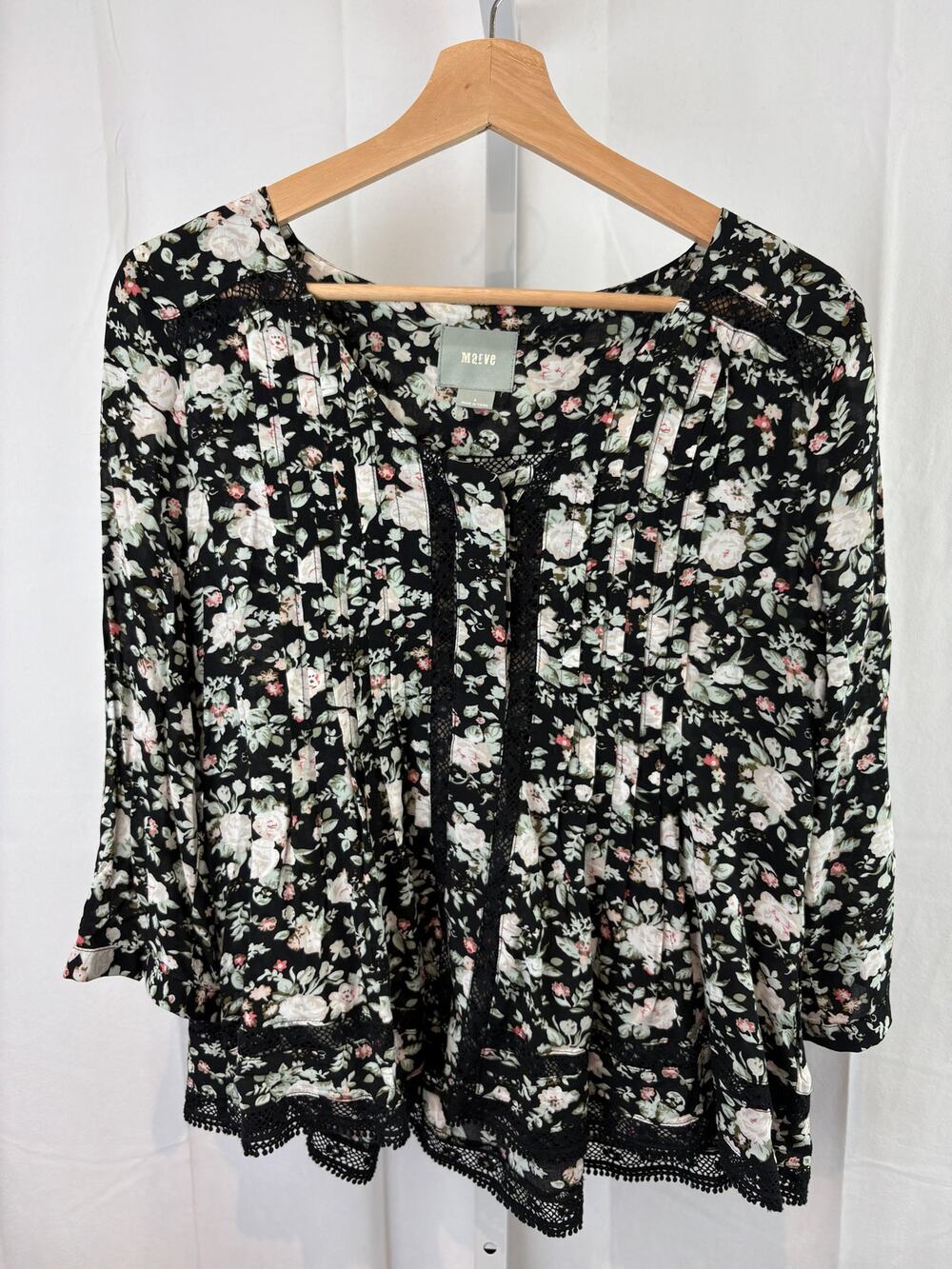 MAEVE Size 4 Anthropologie Floral Blouse 3/4 Sleeve Top Lace Trim Black Multi